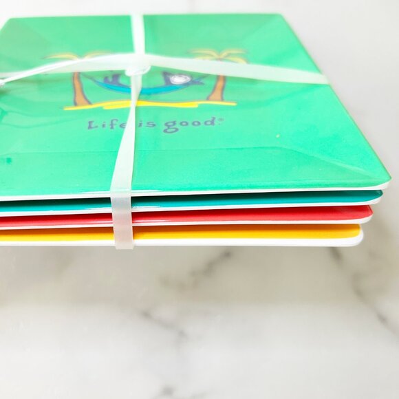 LIFE IS GOOD Set of 4 Melamine Square Plates 6" - Vintage Designs NEW - Picture 2 of 7